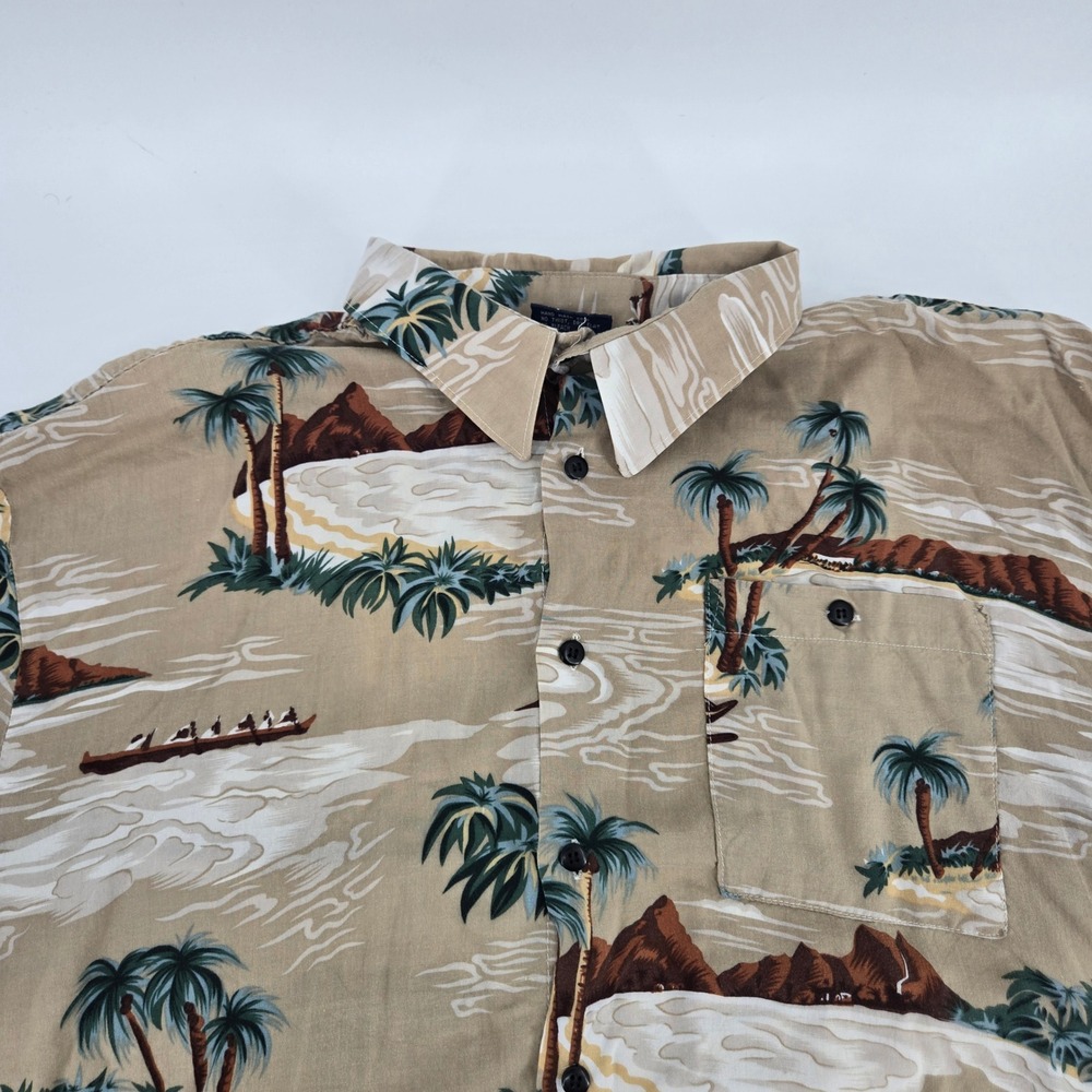 818 NUC A Hawaiian Tradition Vtg Scenic Rayon Shirt XL Tan Palms Canoe